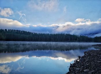 Scenic view of lake by trees against sky