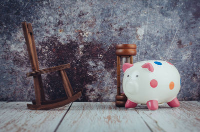 High angle view of stuffed toy on table against wall