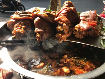 High angle view of meat in container