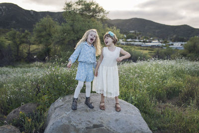 Playful sisters singing while standing on rock at park