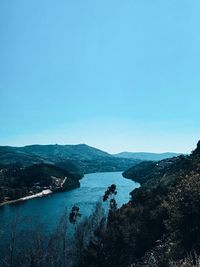 Scenic view of sea against clear blue sky