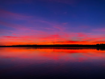 Scenic view of lake against romantic sky at sunset