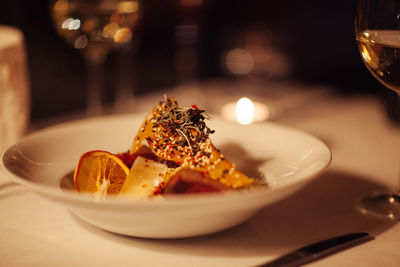 Close-up of dessert in plate on table