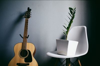 Potted plant in vase against wall at home