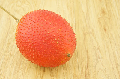 High angle view of strawberry on table