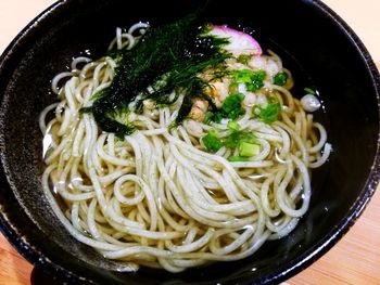 High angle view of noodles in bowl on table