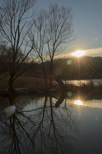 Silhouette bare tree by lake against sky during sunset