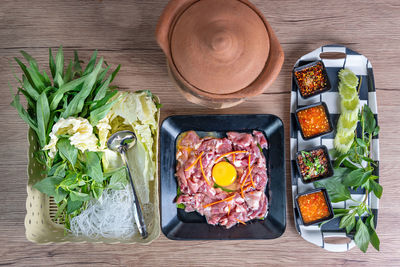 High angle view of vegetables on table