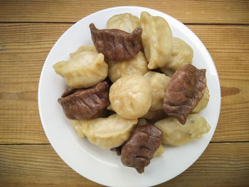 High angle view of food in plate on table