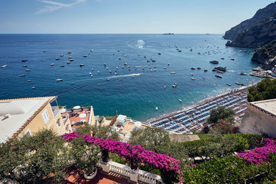 High angle view of plants by sea against sky