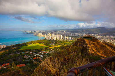 Panoramic view of sea and buildings against sky