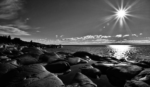 Scenic view of rocks on beach against sky