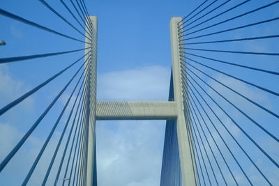 Low angle view of suspension bridge against sky