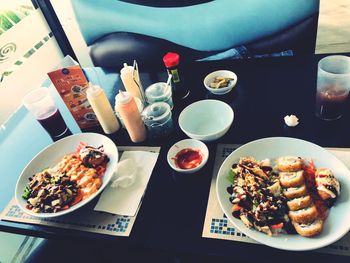 High angle view of breakfast served on table