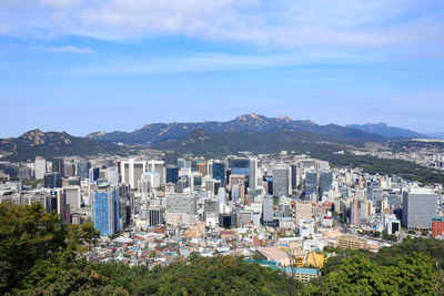 High angle view of buildings in city against sky,korea.