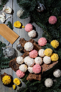 High angle view of various flowers on table