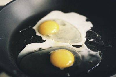 High angle view of eggs in cooking pan