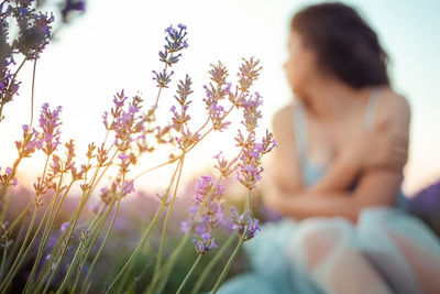 A beautiful young girl against the sunset and a beautiful sky in a lavender field. 