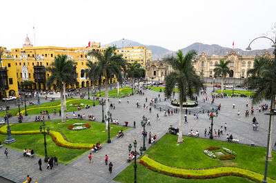 High angle view of people on street in city