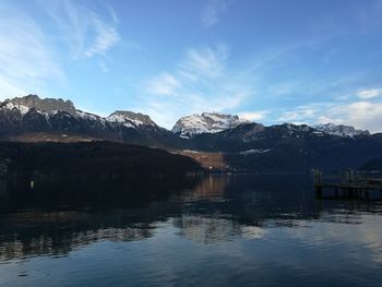 Scenic view of lake and snowcapped mountains against sky