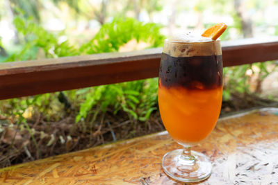 Close-up of beer in glass on table