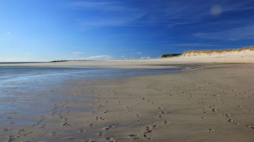 View of calm beach against blue sky