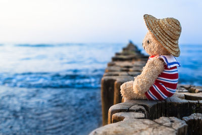 Man sitting on rock at sea shore against sky