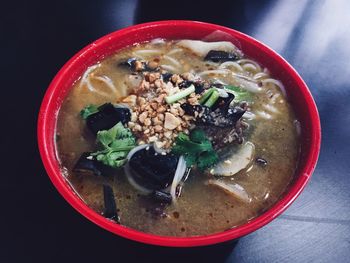 Close-up of soup in bowl on table