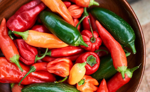 Close-up of chili peppers in plate on table