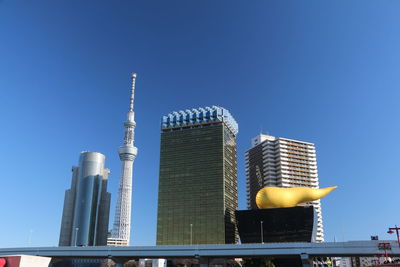 Low angle view of modern buildings against clear blue sky