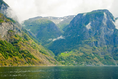 Scenic view of lake and mountains against sky