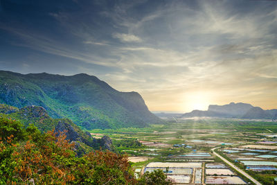 Scenic view of mountains against sky during sunset