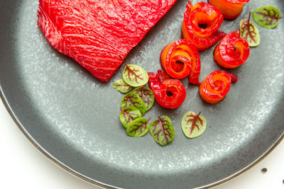 High angle view of food in plate on table