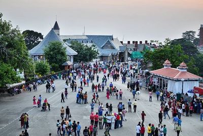 High angle view of people in city