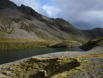 Scenic view of lake and mountains against sky