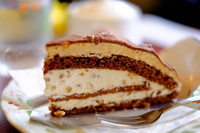 Close-up of cake slice served in plate