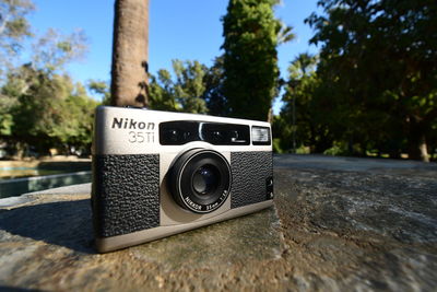 Close-up of vintage camera on tree