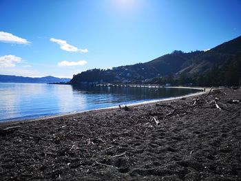 Scenic view of lake against blue sky