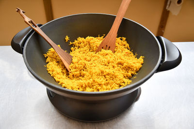 High angle view of food in bowl on table