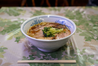 Close-up of soup in bowl on table