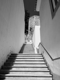 Low angle view of staircase amidst buildings