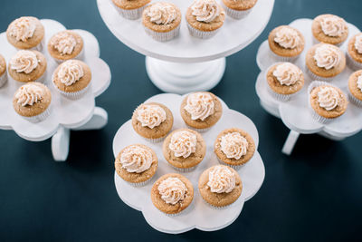 High angle view of cupcakes on table