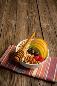 High angle view of breakfast on table