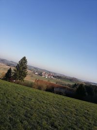 Scenic view of field against clear blue sky