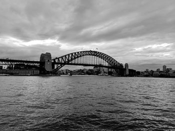 Bridge over river with city in background