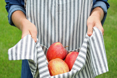 Midsection of man holding apple on field