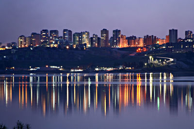 Illuminated buildings by river against sky at dusk