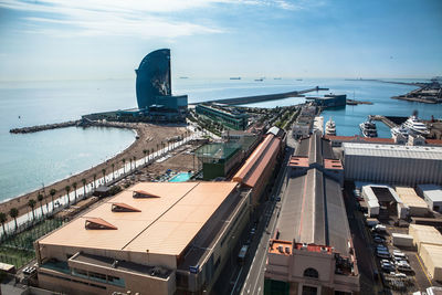 High angle view of city by sea against sky