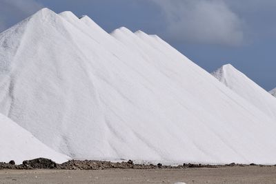 Snow covered land against sky