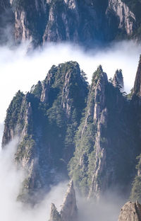 View of the ladder and sling of the cable car from the viewpoint of the huangshan mountain, china